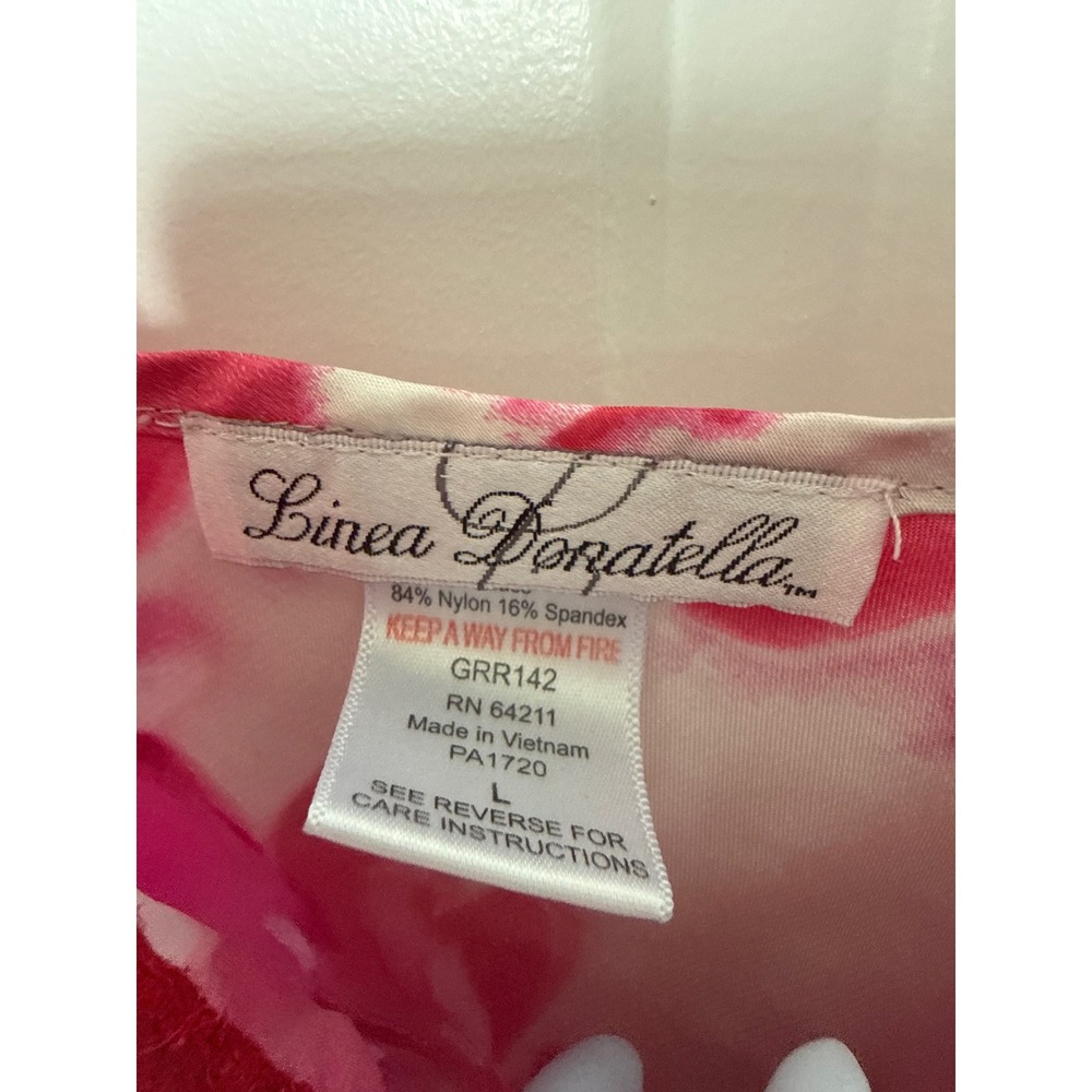 Linea Donatella Top Lace Trim Sz L Pink Abstract Flowers Satin Feminine Coquette - Picture 2 of 5